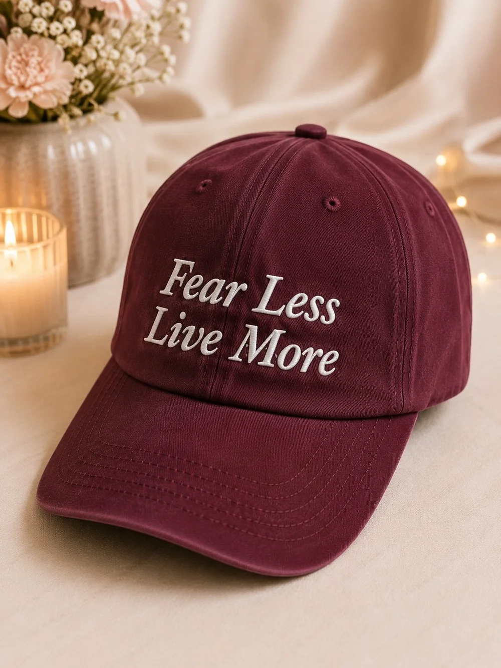 'Fear Less Live More' Baseball Embroided Cap in Deep Burgundy